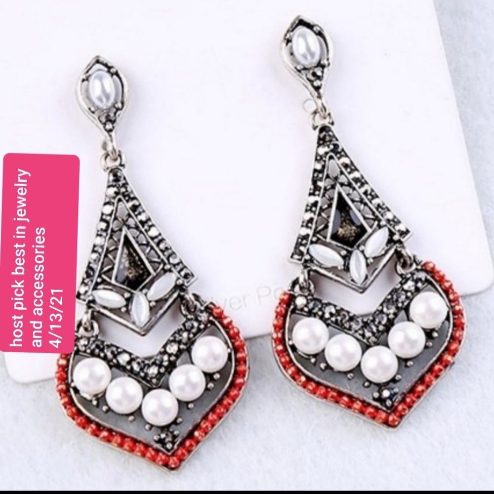 Red CZ Fan Pearl Dangle Earrings